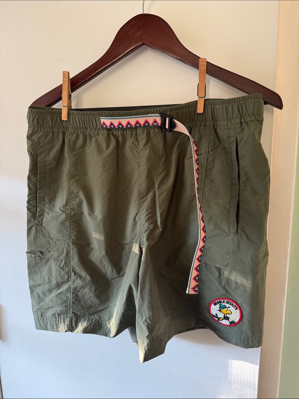 Peanuts x Aeropostale Olive Green Athletic Shorts with Patterned Belt